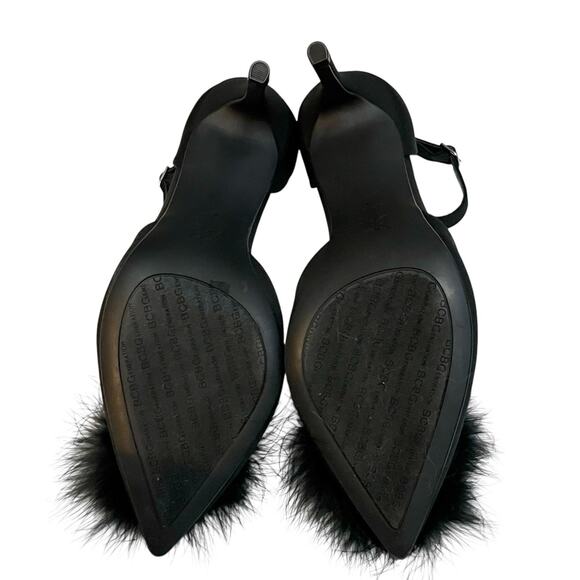 NEW BCBGeneration Abiny Feather Pom Pom Heels Black Pointy Ankle Strap Stiletto - Picture 6 of 7